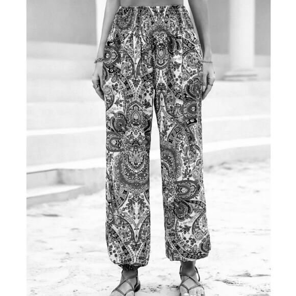 Gomorn Boho wide leg pants green paisley shirred waist size 6 - Picture 2 of 9